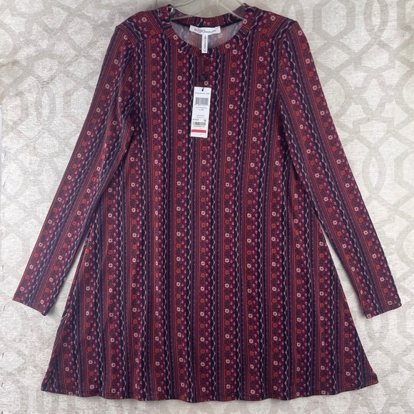 BCBGeneration Dresses & Skirts - BCBGeneration Womens XS Maroon Geometric‎ Floral Stripe Long Sleeve Swing Dress